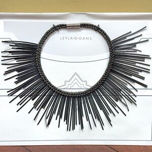 New Leyla Gans Sunburst Vegan Leather Necklace Made in Italy - Black Nero